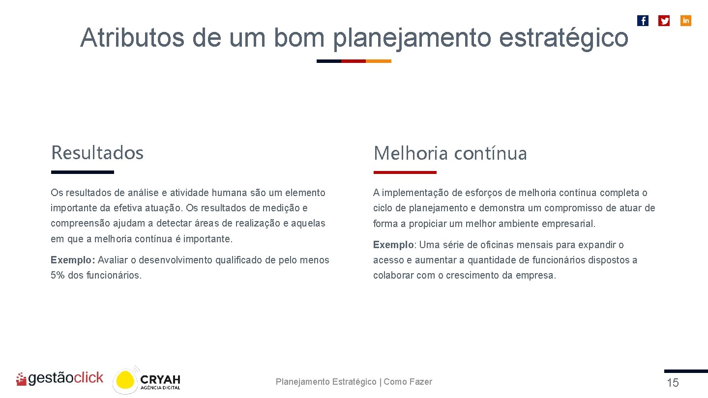 Atributos de um bom planejamento estratégico Resultados Melhoria contínua Os resultados de análise e