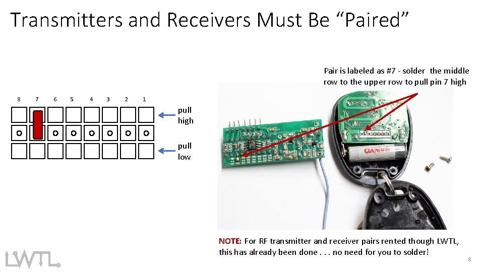 Transmitters and Receivers Must Be “Paired” Pair is labeled as #7 - solder the