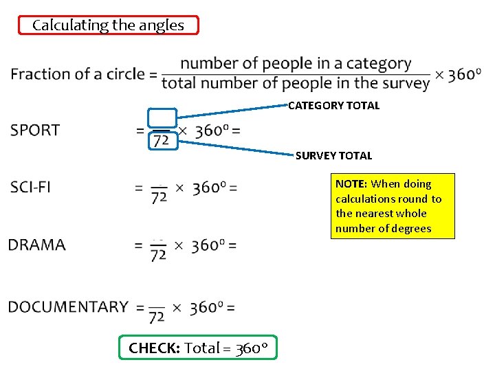 Calculating the angles CATEGORY TOTAL SURVEY TOTAL NOTE: When doing calculations round to the