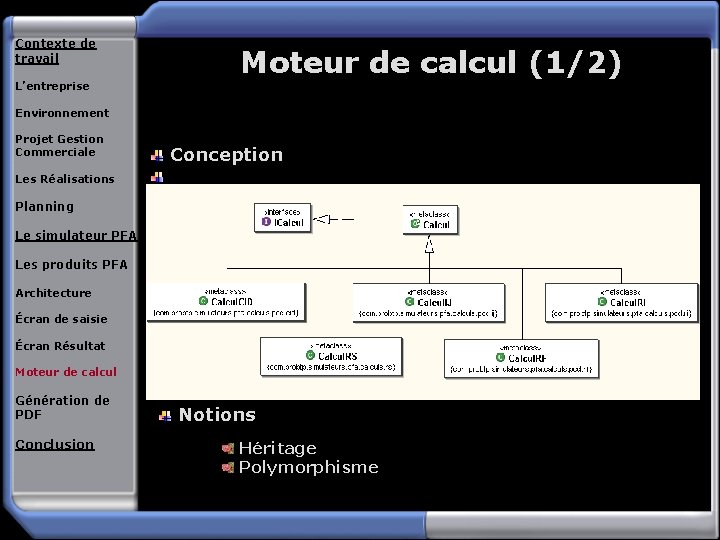 Contexte de travail Moteur de calcul (1/2) L’entreprise Environnement Projet Gestion Commerciale Conception Les