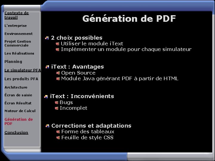 Contexte de travail Génération de PDF L’entreprise Environnement Projet Gestion Commerciale Les Réalisations Planning