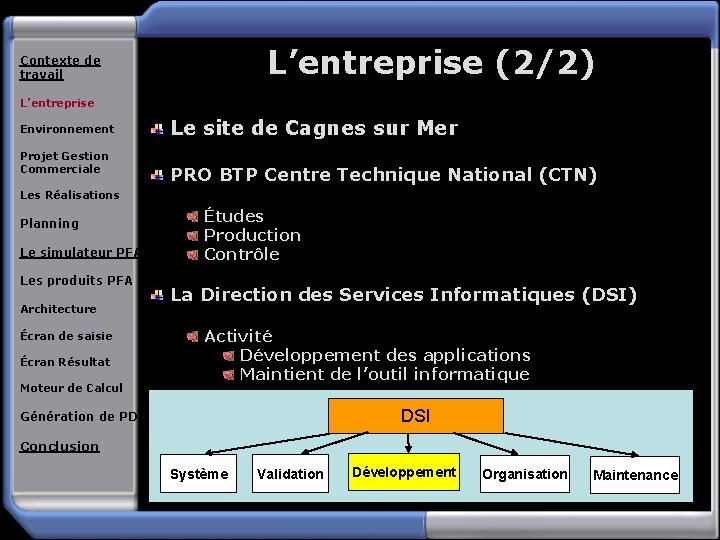 L’entreprise (2/2) Contexte de travail L’entreprise Environnement Projet Gestion Commerciale Le site de Cagnes