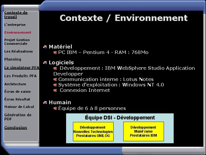 Contexte de travail Contexte / Environnement L’entreprise Environnement Projet Gestion Commerciale Les Réalisations Planning