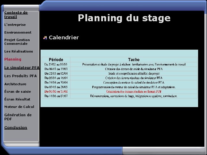 Contexte de travail L’entreprise Planning du stage Environnement Projet Gestion Commerciale Les Réalisations Planning