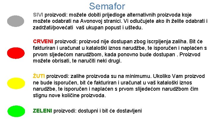 Semafor SIVI proizvodi: možete dobiti prijedloge alternativnih proizvoda koje možete odabrati na Avonovoj stranici.