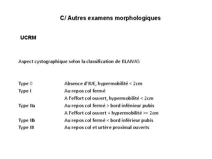 C/ Autres examens morphologiques UCRM Aspect cystographique selon la classification de BLAIVAS Type 0