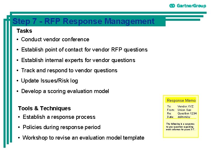 Step 7 - RFP Response Management Tasks • Conduct vendor conference • Establish point
