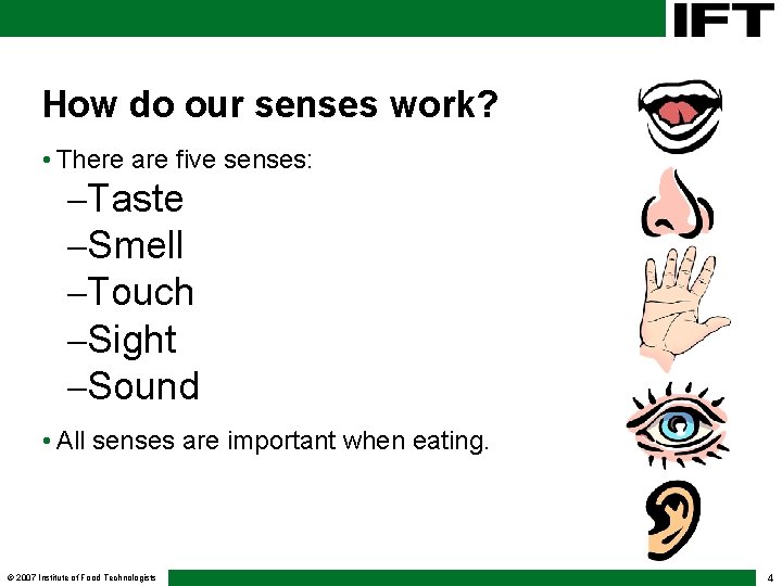 How do our senses work? • There are five senses: -Taste -Smell -Touch -Sight How do our senses work? • There are five senses: -Taste -Smell -Touch -Sight