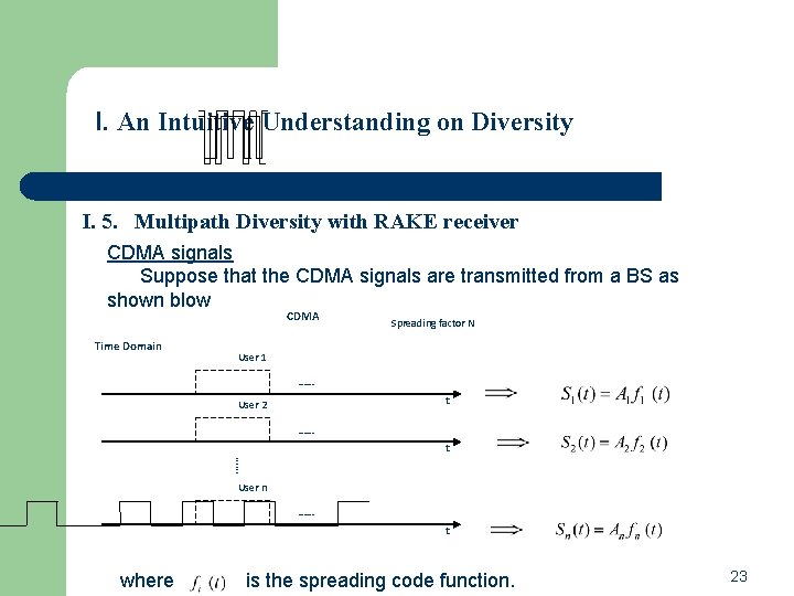I. An Intuitive Understanding on Diversity I. 5. Multipath Diversity with RAKE receiver CDMA I. An Intuitive Understanding on Diversity I. 5. Multipath Diversity with RAKE receiver CDMA