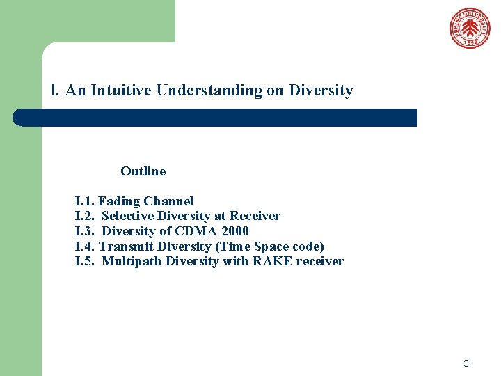 I. An Intuitive Understanding on Diversity Outline I. 1. Fading Channel I. 2. Selective I. An Intuitive Understanding on Diversity Outline I. 1. Fading Channel I. 2. Selective