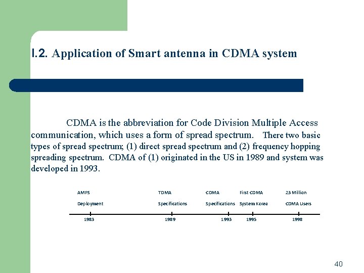I. 2. Application of Smart antenna in CDMA system CDMA is the abbreviation for I. 2. Application of Smart antenna in CDMA system CDMA is the abbreviation for