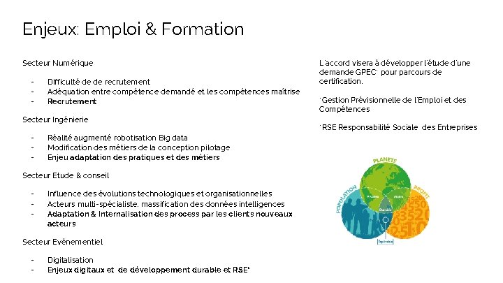 Enjeux: Emploi & Formation Secteur Numérique - Difficulté de de recrutement Adéquation entre compétence