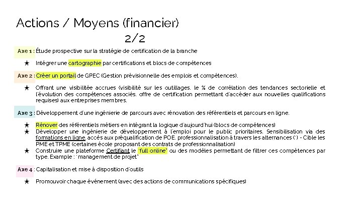 Actions / Moyens (financier) 2/2 Axe 1 : Étude prospective sur la stratégie de
