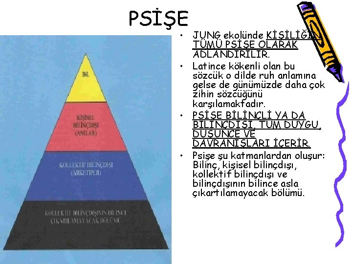 PSİŞE • JUNG ekolünde KİŞİLİĞİN TÜMÜ PSİŞE OLARAK ADLANDIRILIR. • Latince kökenli olan bu