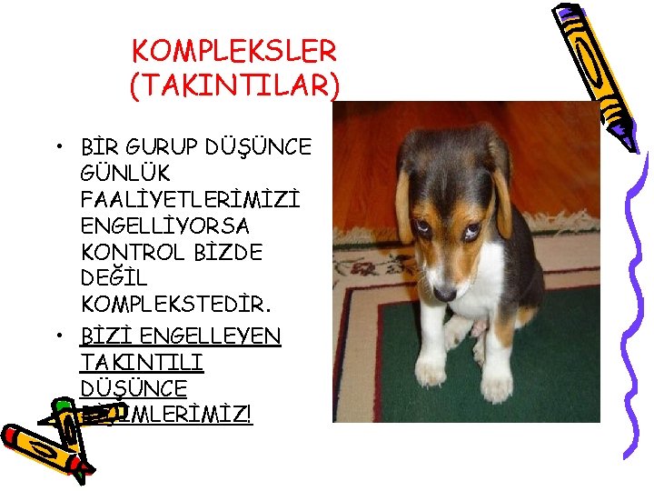 KOMPLEKSLER (TAKINTILAR) • BİR GURUP DÜŞÜNCE GÜNLÜK FAALİYETLERİMİZİ ENGELLİYORSA KONTROL BİZDE DEĞİL KOMPLEKSTEDİR. •