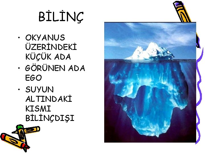 BİLİNÇ • OKYANUS ÜZERİNDEKİ KÜÇÜK ADA • GÖRÜNEN ADA EGO • SUYUN ALTINDAKİ KISMI