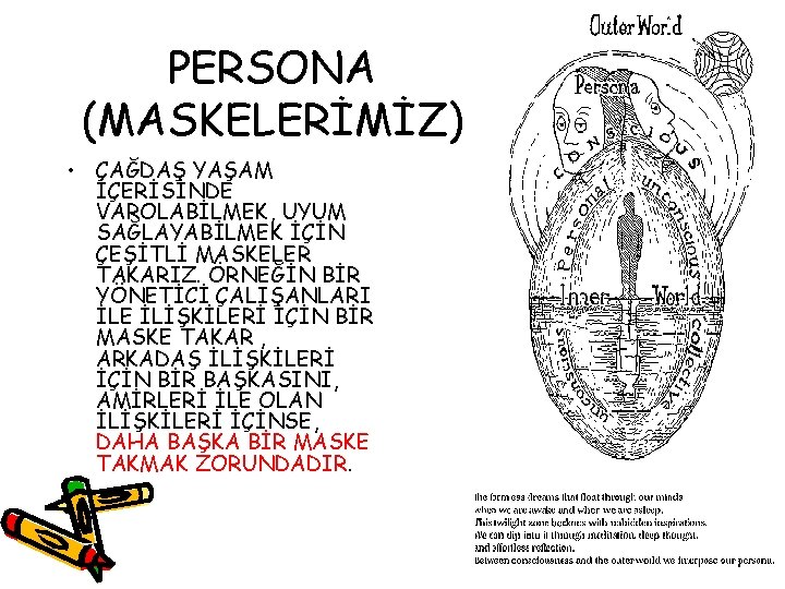 PERSONA (MASKELERİMİZ) • ÇAĞDAŞ YAŞAM İÇERİSİNDE VAROLABİLMEK, UYUM SAĞLAYABİLMEK İÇİN ÇEŞİTLİ MASKELER TAKARIZ. ÖRNEĞİN