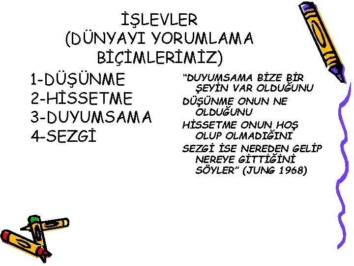 İŞLEVLER (DÜNYAYI YORUMLAMA BİÇİMLERİMİZ) “DUYUMSAMA BİZE BİR 1 -DÜŞÜNME ŞEYİN VAR OLDUĞUNU 2 -HİSSETME