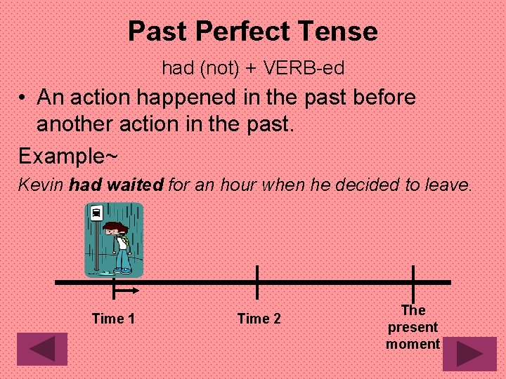 Past Perfect Tense had (not) + VERB-ed • An action happened in the past