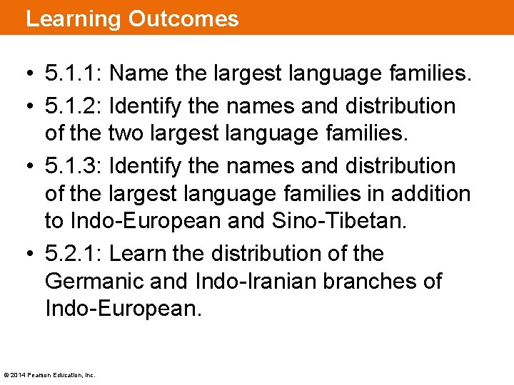 Learning Outcomes • 5. 1. 1: Name the largest language families. • 5. 1.