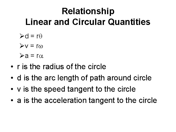 Relationship Linear and Circular Quantities Ød = rq Øv = rw Øa = ra