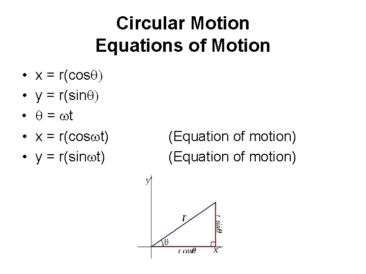 Circular Motion Equations of Motion • • • x = r(cosq) y = r(sinq)