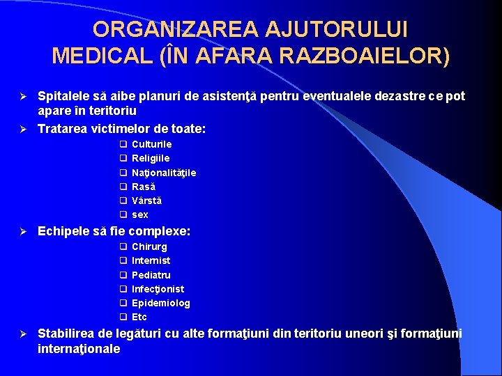 ORGANIZAREA AJUTORULUI MEDICAL (ÎN AFARA RAZBOAIELOR) Spitalele să aibe planuri de asistenţă pentru eventualele