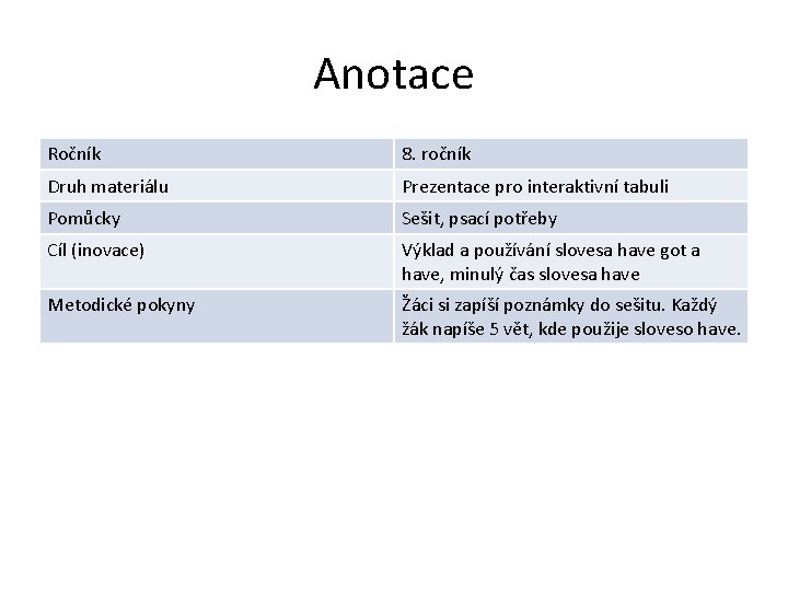 Anotace Ročník 8. ročník Druh materiálu Prezentace pro interaktivní tabuli Pomůcky Sešit, psací potřeby