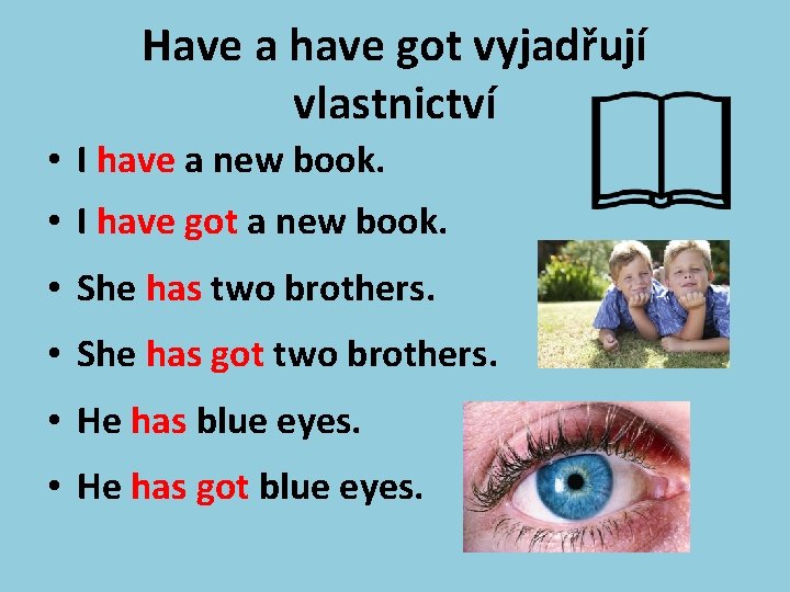 Have a have got vyjadřují vlastnictví • I have a new book. • I