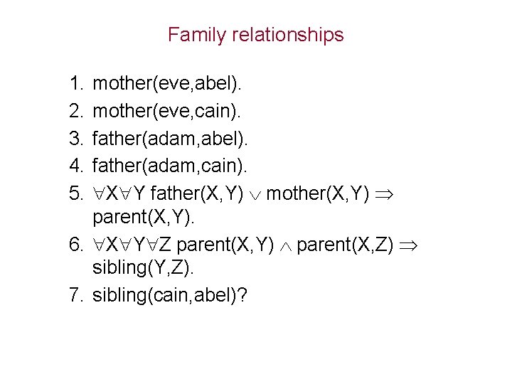 Family relationships 1. 2. 3. 4. 5. mother(eve, abel). mother(eve, cain). father(adam, abel). father(adam,