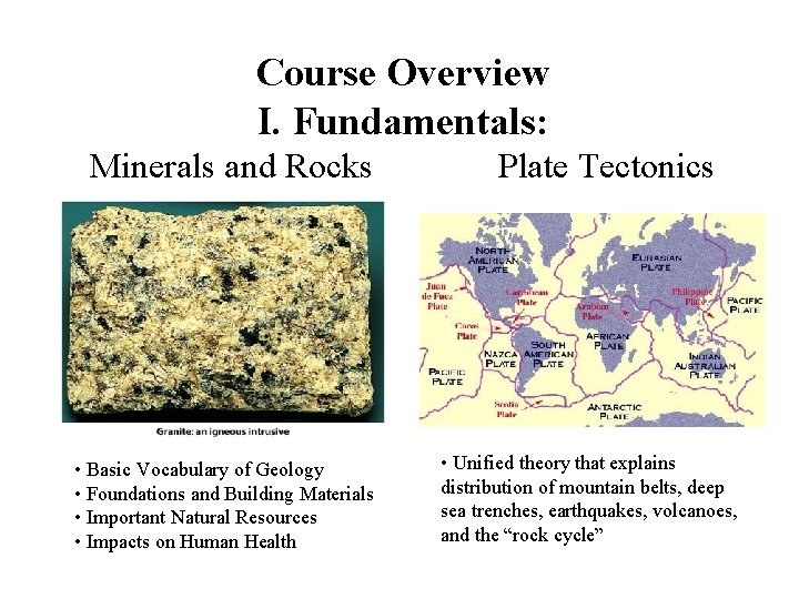 Course Overview I. Fundamentals: Minerals and Rocks • Basic Vocabulary of Geology • Foundations