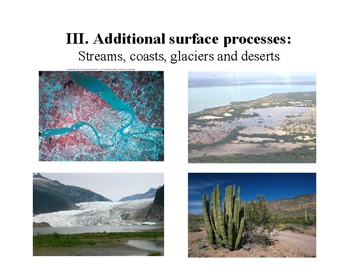 III. Additional surface processes: Streams, coasts, glaciers and deserts 