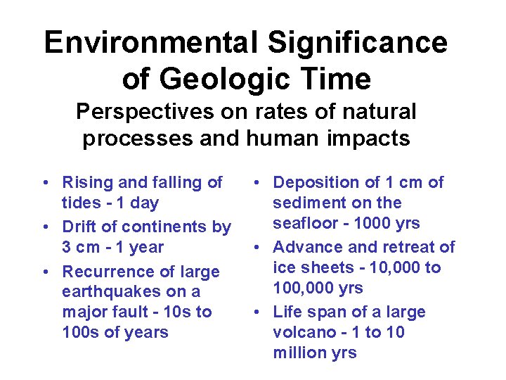 Environmental Significance of Geologic Time Perspectives on rates of natural processes and human impacts