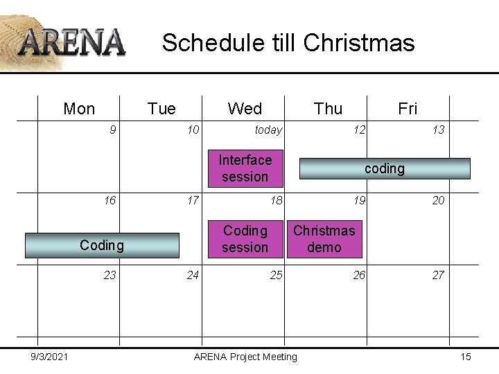 Schedule till Christmas Mon Tue 9 Wed 10 Thu today Fri 12 Interface session