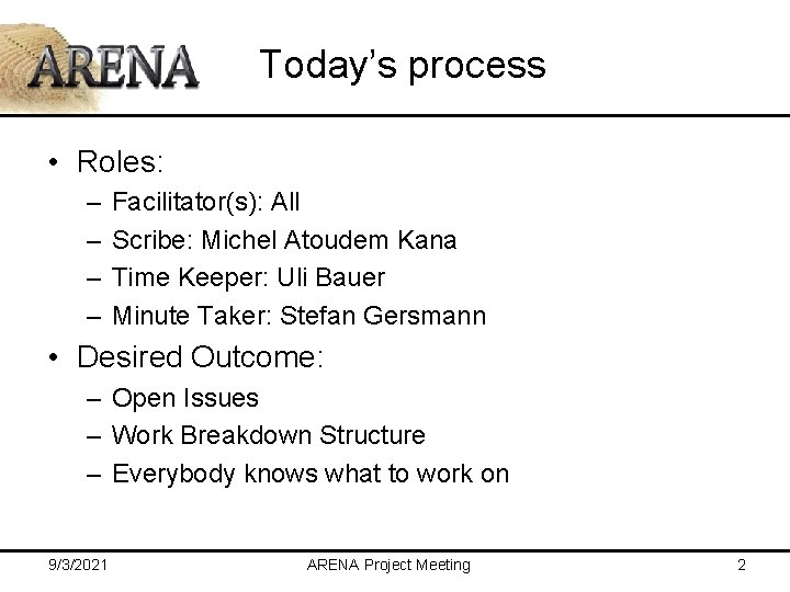 Today’s process • Roles: – – Facilitator(s): All Scribe: Michel Atoudem Kana Time Keeper: