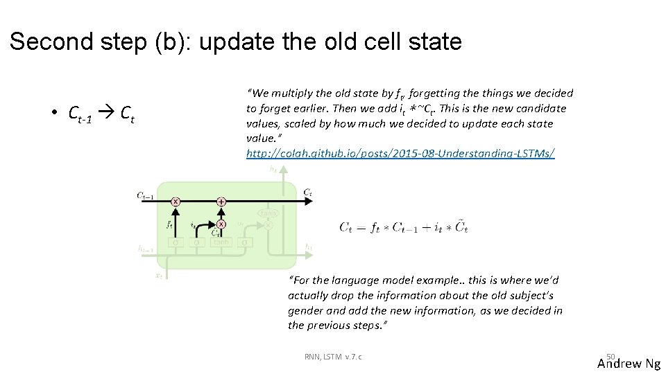 Second step (b): update the old cell state • Ct-1 Ct “We multiply the