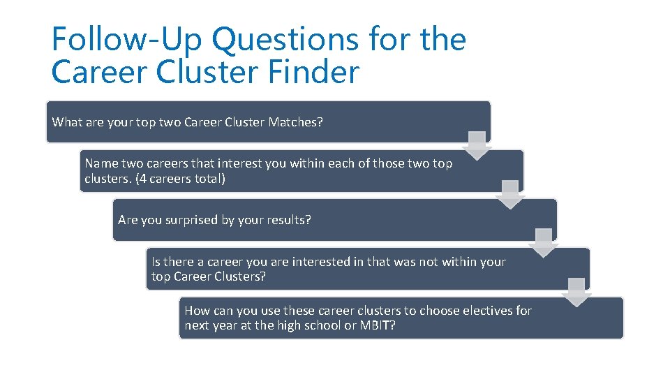 Follow-Up Questions for the Career Cluster Finder What are your top two Career Cluster