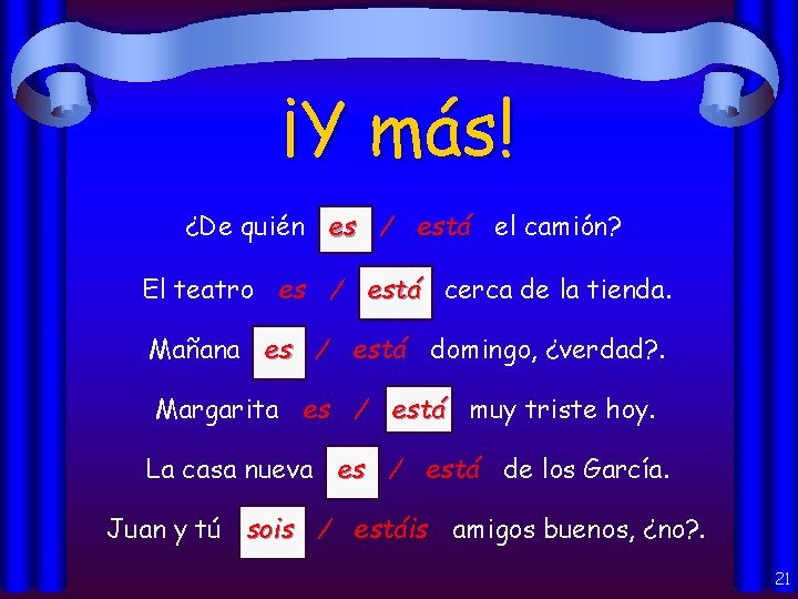 ¡Y más! ¿De quién es / está el camión? El teatro es / está