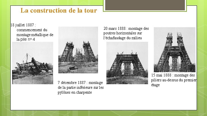 La construction de la tour 18 juillet 1887 : commencement du montage métallique de