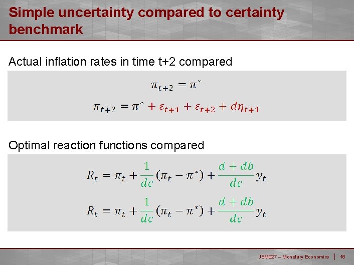 Simple uncertainty compared to certainty benchmark Actual inflation rates in time t+2 compared Optimal