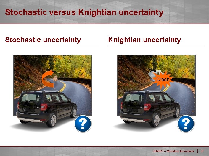 Stochastic versus Knightian uncertainty Stochastic uncertainty Knightian uncertainty Crash JEM 027 – Monetary Economics