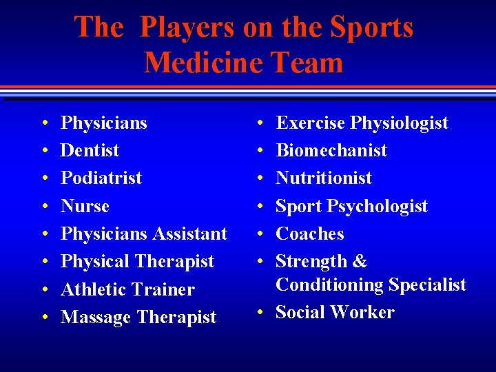 The Players on the Sports Medicine Team • • Physicians Dentist Podiatrist Nurse Physicians