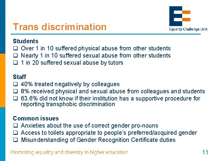 Trans discrimination Students q Over 1 in 10 suffered physical abuse from other students Trans discrimination Students q Over 1 in 10 suffered physical abuse from other students