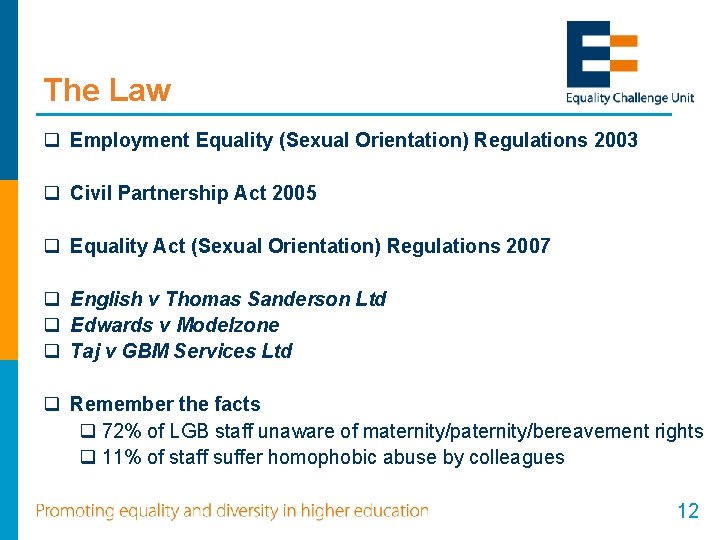 The Law q Employment Equality (Sexual Orientation) Regulations 2003 q Civil Partnership Act 2005 The Law q Employment Equality (Sexual Orientation) Regulations 2003 q Civil Partnership Act 2005