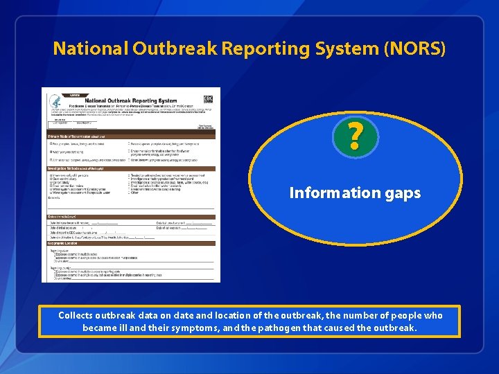 National Outbreak Reporting System (NORS) ? Information gaps Collects outbreak data on date and