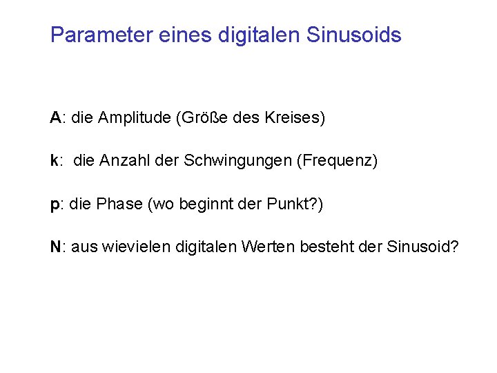 Parameter eines digitalen Sinusoids A: die Amplitude (Größe des Kreises) k: die Anzahl der