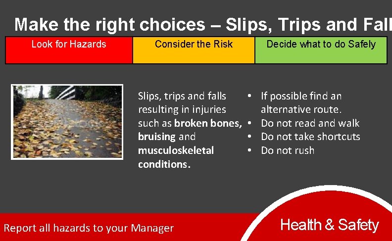 Make the right choices – Slips, Trips and Fall Look for Hazards Consider the