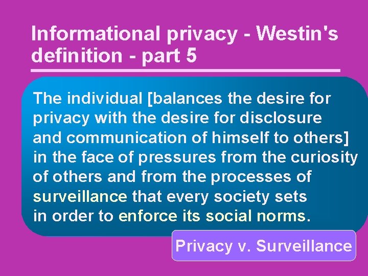 Informational privacy - Westin's definition - part 5 The individual [balances the desire for