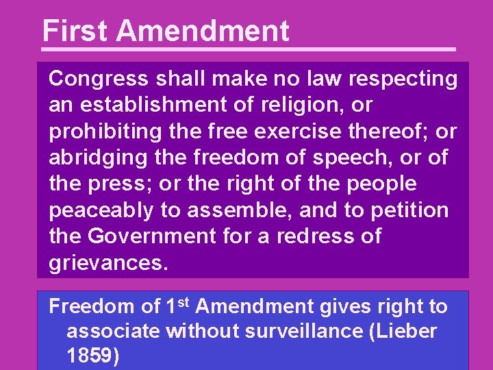 First Amendment Congress shall make no law respecting an establishment of religion, or prohibiting