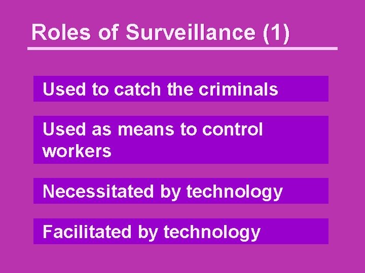 Roles of Surveillance (1) Used to catch the criminals Used as means to control